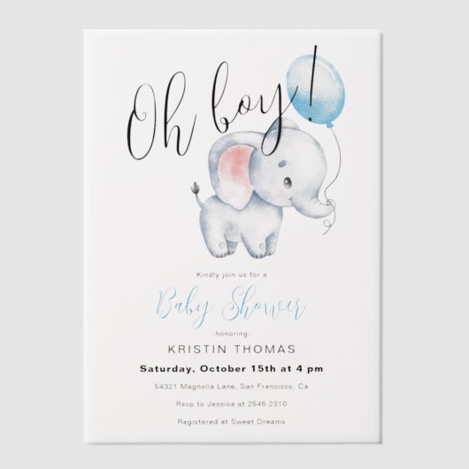 Baby Olifant & Blue Balloon Baby shower Vellum Uitnodigingen (Voorkant)