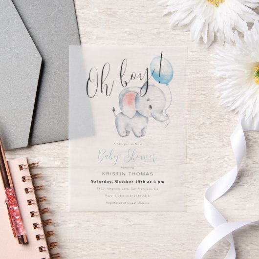 Baby Olifant & Blue Balloon Baby shower Vellum Uitnodigingen (Huwelijk)