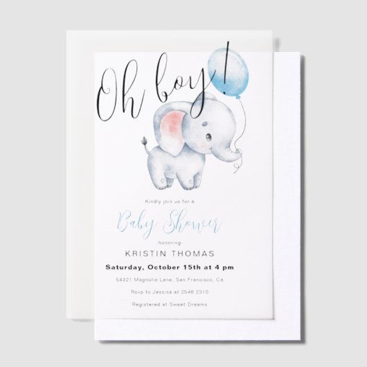Baby Olifant & Blue Balloon Baby shower Vellum Uitnodigingen (Offset)