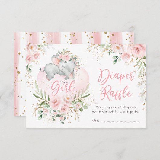 Baby Olifant Blush Rozen Luier Raffle Informatiekaartje (Voorkant / Achterkant)