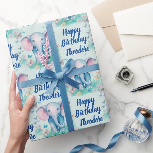 Baby Olifant Boys Gepersonaliseerd Verjaardag Cadeaupapier (Geschenken)