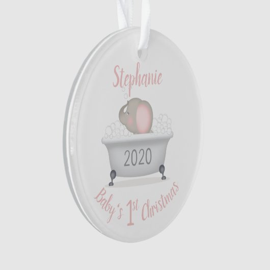 Baby olifant bubble bad meisje eerste kerst ornament (voorkant)