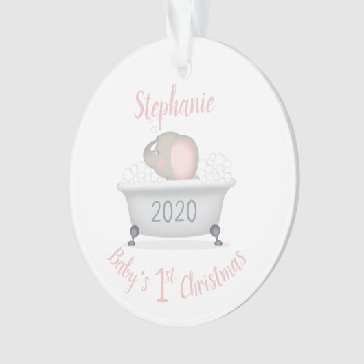 Baby olifant bubble bad meisje eerste kerst ornament (voorkant)