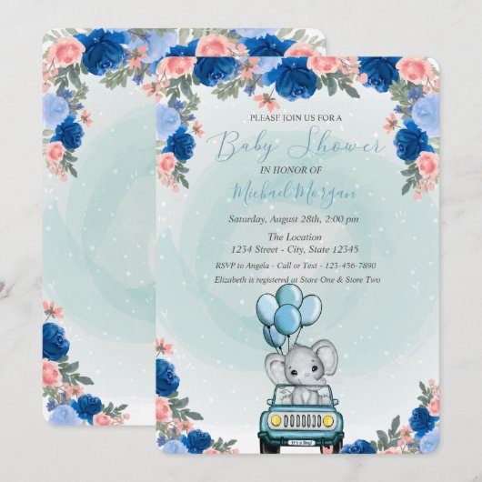 Baby olifant Car Floral Baby shower Kaart (Voorkant / Achterkant)