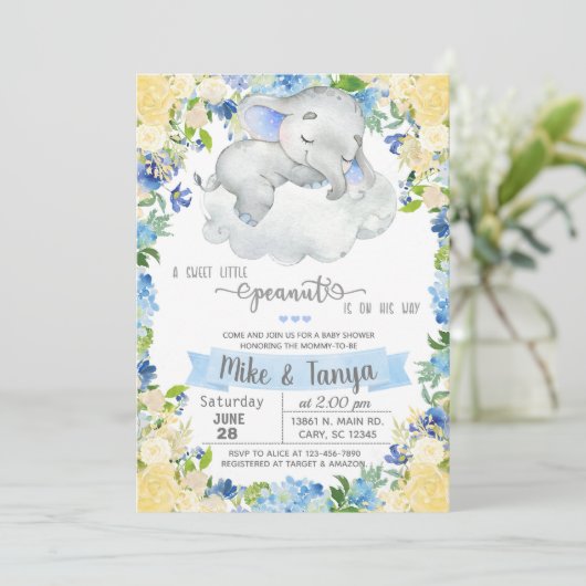 Baby olifant & cloudboy baby shower-uitnodiging. kaart (Staand voorkant)