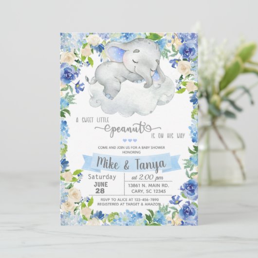 Baby olifant & cloudboy baby shower-uitnodiging. kaart (Staand voorkant)
