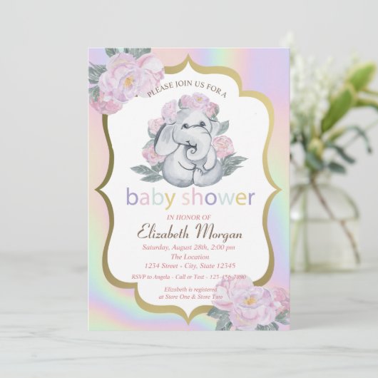 Baby olifant, Floral, holografisch Baby shower Kaart (Staand voorkant)