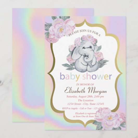 Baby olifant, Floral, holografisch Baby shower Kaart (Voorkant / Achterkant)
