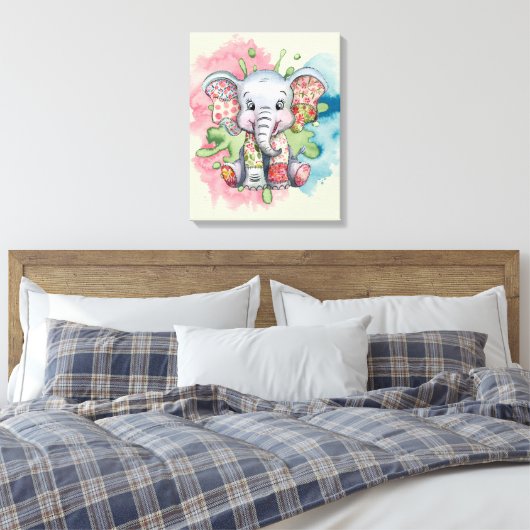 Baby Olifant Geborduurde Bloempatjes Elke Kind Canvas Afdruk (Insitu (Slaapkamer))