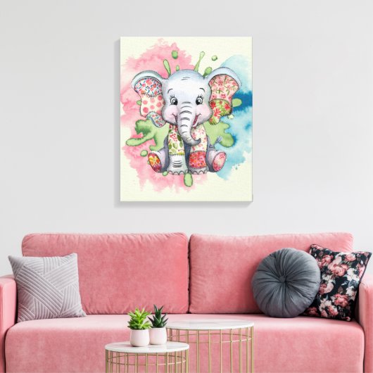 Baby Olifant Geborduurde Bloempatjes Elke Kind Canvas Afdruk (Insitu (Woonkamer))