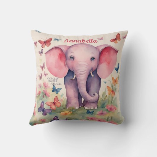 Baby Olifant Gepersonaliseerde Geboorte Datum Kussen (Achterkant)