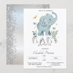Baby Olifant Glitters Zilver Baby Shower Kaart