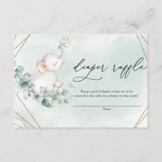 Baby Olifant Groene Eucalyptus Gouden Diper Raffle Informatiekaartje (Voorkant)