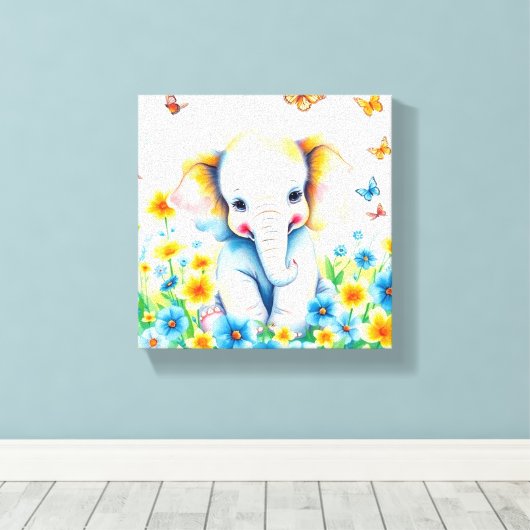 Baby olifant in bloei canvas afdruk (Insitu (Houten vloer))