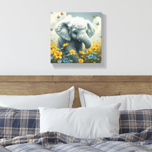 Baby olifant in bloei canvas afdruk (Insitu (Slaapkamer))