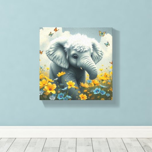 Baby olifant in bloei canvas afdruk (Insitu (Houten vloer))