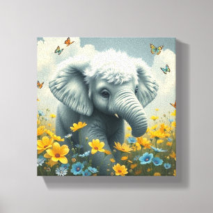 Baby olifant in bloei canvas afdruk