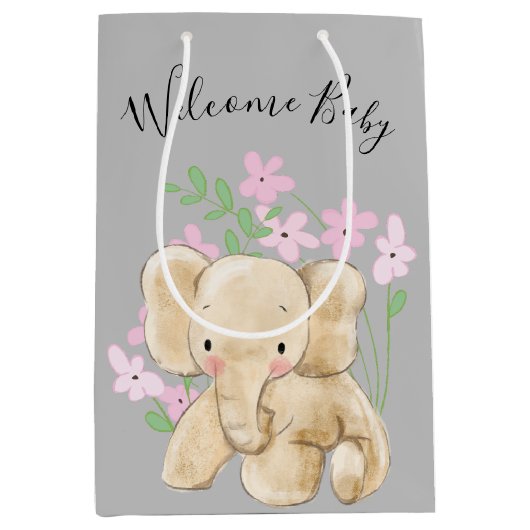 Baby olifant in bloemen medium cadeauzakje (Voorkant)