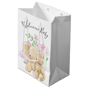 Baby olifant in bloemen op wit medium cadeauzakje