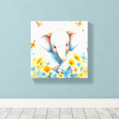 Baby olifant in de bloemen canvas afdruk (Insitu (Houten vloer))