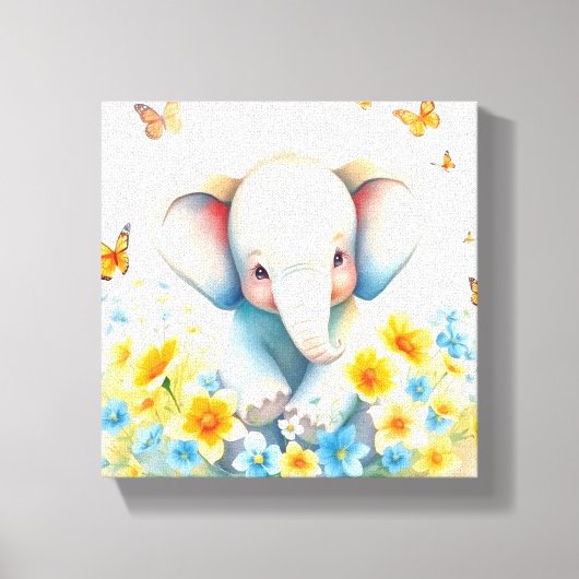 Baby olifant in de bloemen canvas afdruk (Voorkant)