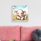 Baby olifant in de bloemen canvas afdruk (Insitu (Woonkamer))