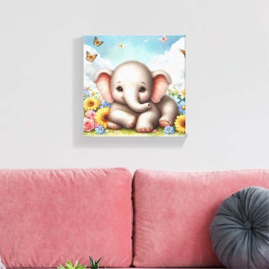 Baby olifant in de bloemen canvas afdruk (Insitu (Woonkamer))