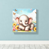 Baby olifant in de bloemen canvas afdruk (Insitu (Houten vloer))