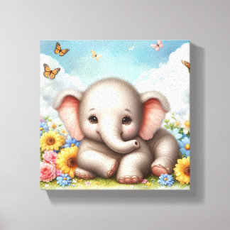 Baby olifant in de bloemen canvas afdruk