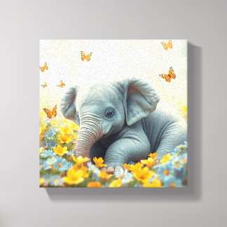 Baby olifant in de bloemen canvas afdruk