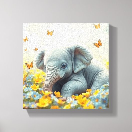 Baby olifant in de bloemen canvas afdruk (Voorkant)