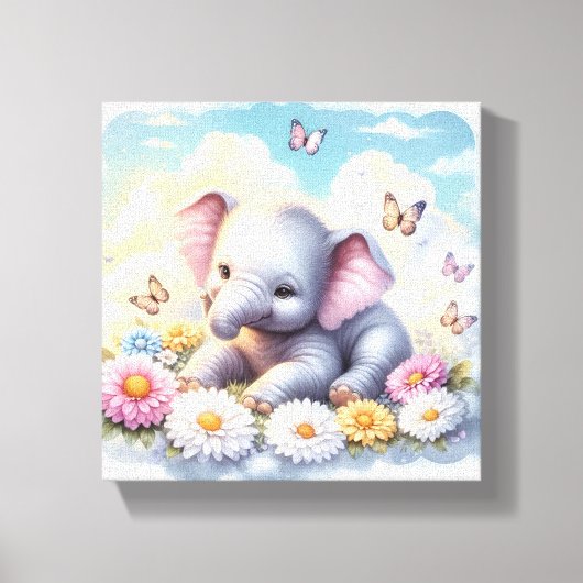 Baby olifant in de bloemen canvas afdruk (Voorkant)