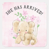 Baby olifant in Flowers Newborn Announance Vierkante Sticker (Voorkant)