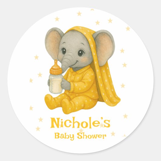 Baby olifant in geel pyjama Baby shower Ronde Sticker (Voorkant)