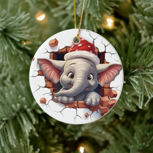 Baby Olifant in Santa Hat - 3D Keramisch Ornament (Boom)