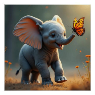Baby Olifant Jagt Vlinder Glanzende Poster