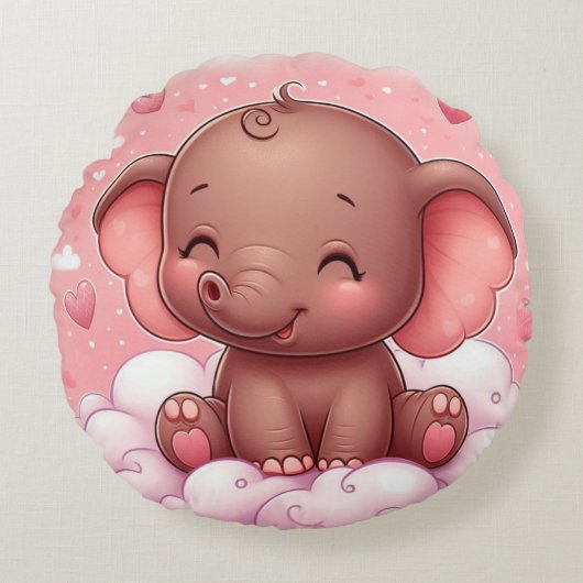 Baby olifant kinderkussen, baby shower cadeau rond kussen (Voorkant)