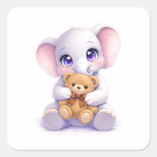 Baby Olifant Knuffelt met Teddybeer Vierkante Stic Sticker