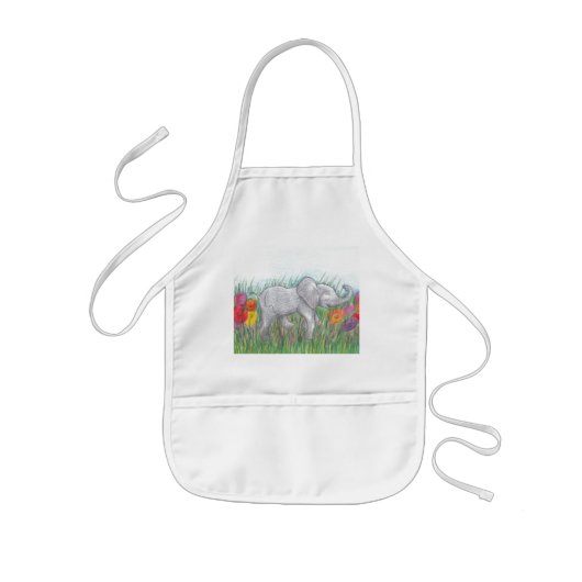Baby olifant marcheert bloemen cartoon tekening kinder schort (Voorkant)