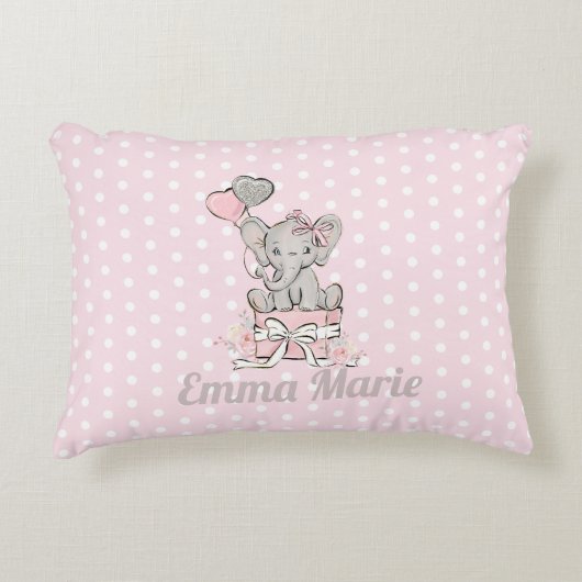 Baby Olifant Meisje Roze Zilveren Ballonnen Accent Kussen (Voorkant)