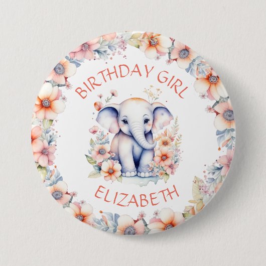 Baby Olifant Meisje Verjaardagsfeest Gepersonalise Ronde Button 7,6 Cm (Voorkant)