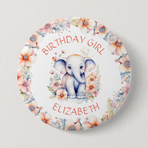 Baby Olifant Meisje Verjaardagsfeest Gepersonalise Ronde Button 7,6 Cm