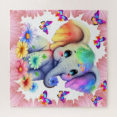 Baby olifant met bloemen en vlinders legpuzzel (Horizontaal)