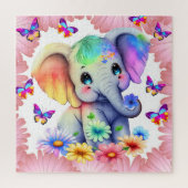 Baby olifant met bloemen en vlinders legpuzzel (Verticaal)
