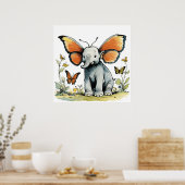 Baby Olifant met Koningsvlinder Vleugel Oren Poster (Keuken)