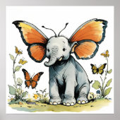 Baby Olifant met Koningsvlinder Vleugel Oren Poster (Voorkant)