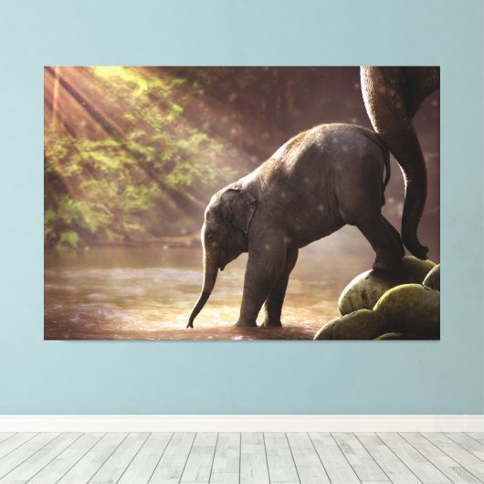 Baby olifant met moeder canvas afdruk (Insitu (Houten vloer))