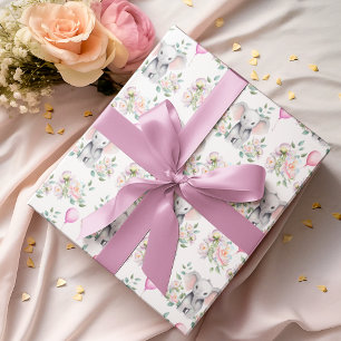 Baby Olifant met pioenen & ballon Baby shower Cadeaupapier