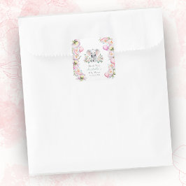 Baby Olifant met pioenen & ballonnen Dank u Vierkante Sticker