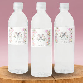 Baby Olifant met pioenen & ballonnen Dank u Waterfles Etiket